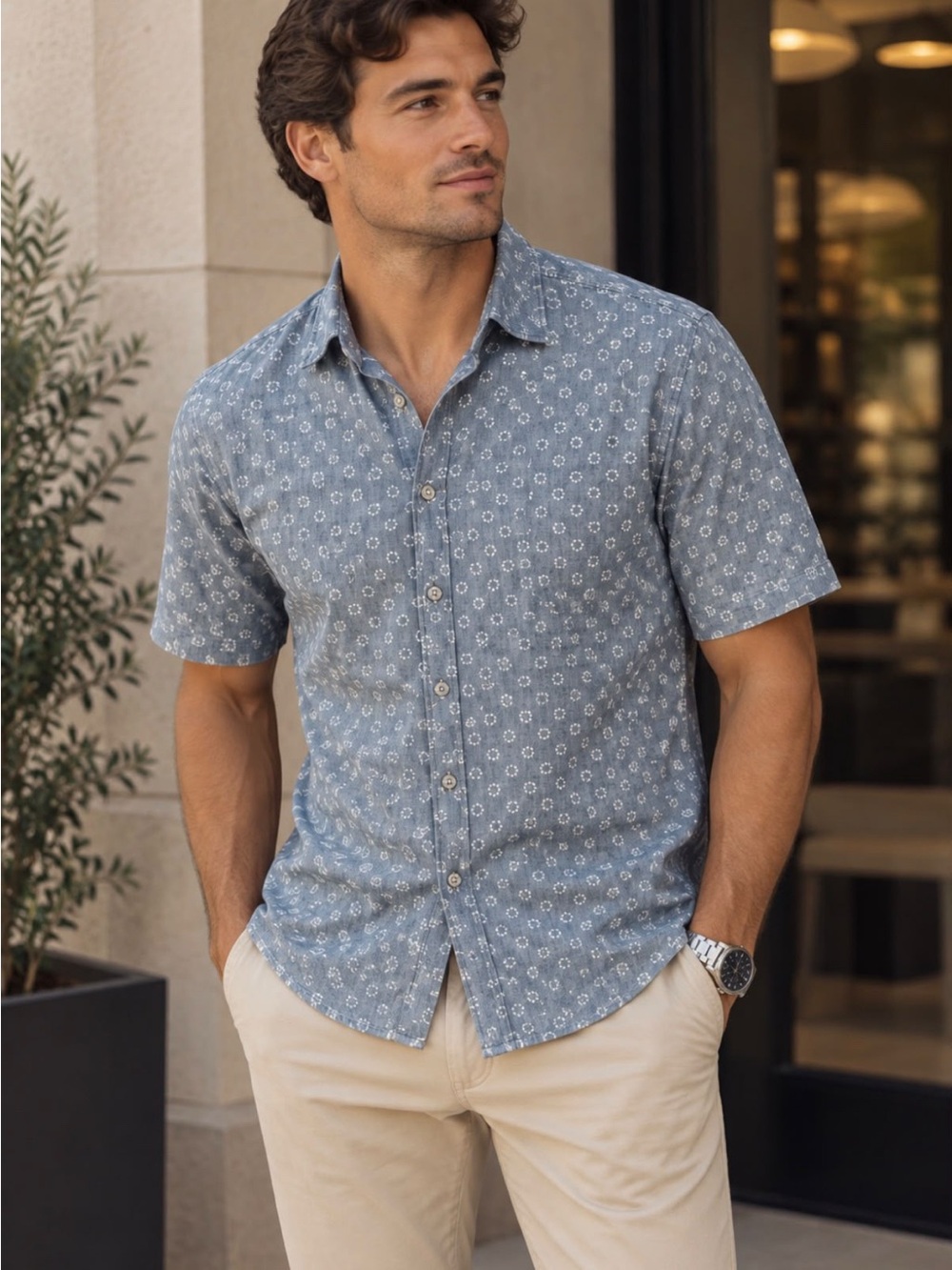Men's Casual Blue Short-Sleeve Button-Down with Micro Floral Print